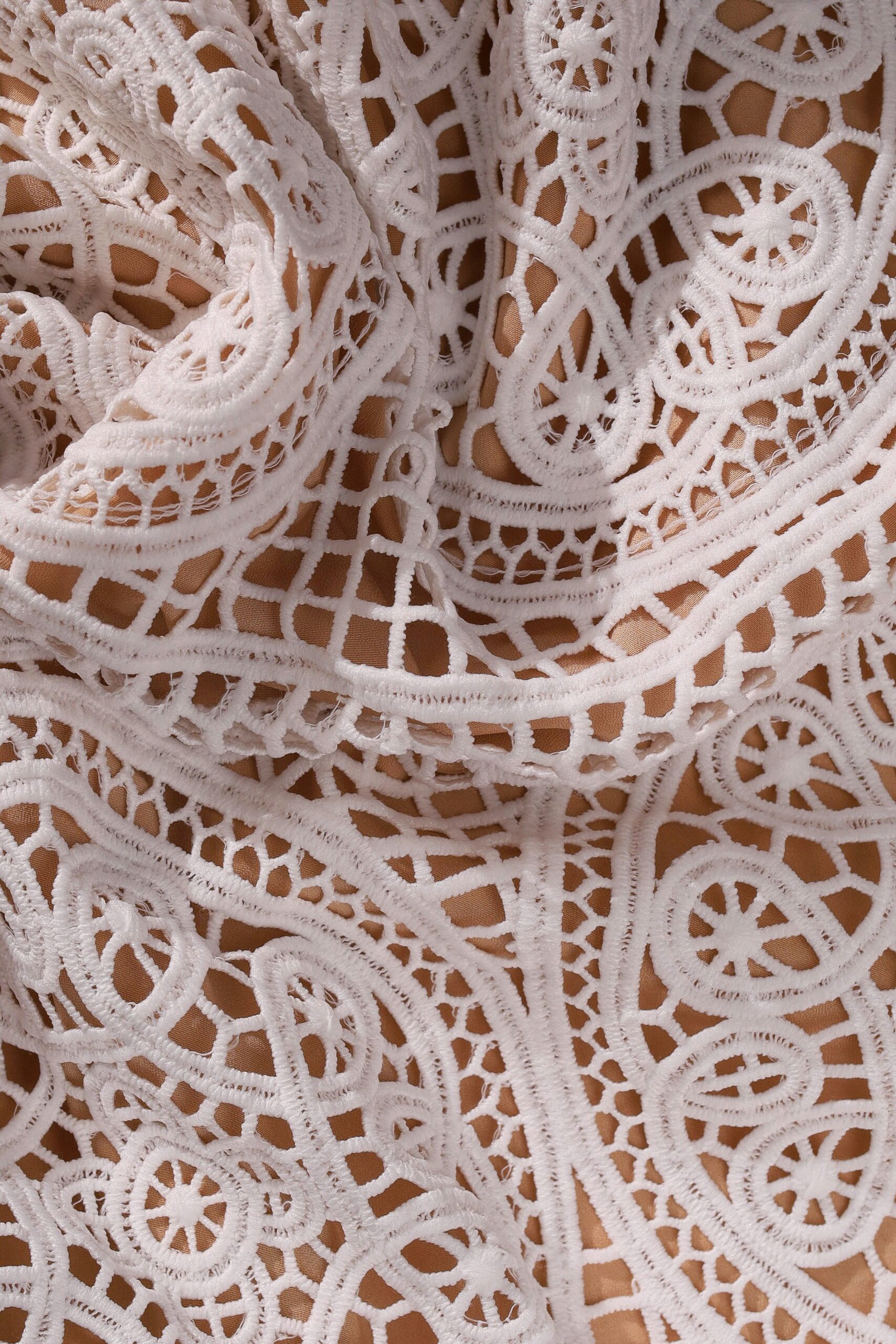 Close-up view of a beautiful intricate white lace pattern, perfect for textile and design themes.